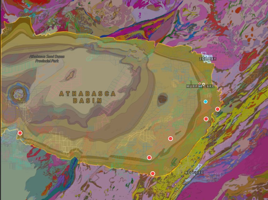Interactive map of the Athabasca Basin showing the basin outline, bedrock geology, EM conductors, deposits and mines, and the Murphy Lake, Zoo Bay and NeoCore properties