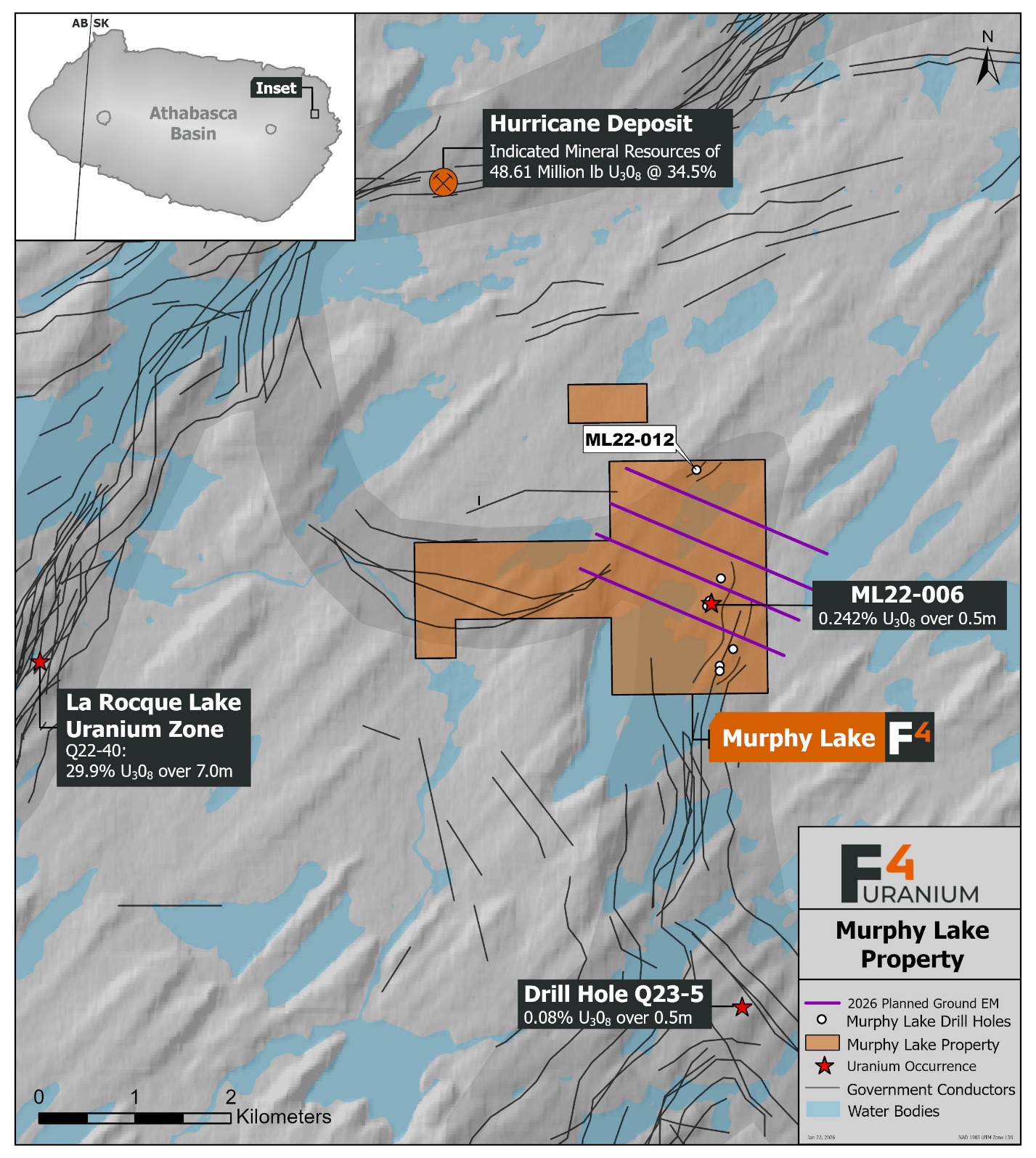 Figure 1. F4 Uranium ground DC Resistivity and Moving Loop EM survey lines (proposed infill in blue).