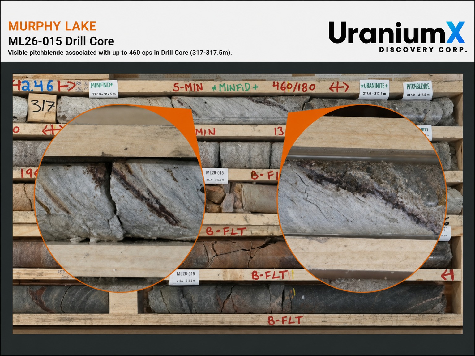 Visually identified pitchblende in drill hole ML26-015, 317 to 317.5 metres